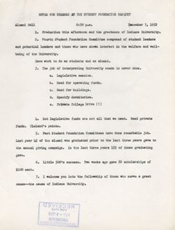 "Notes for Remarks Student Foundation Banquet." -Alumni Hall December 7, 1952