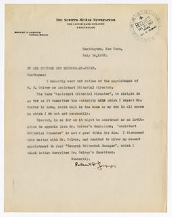 14 July 1922: To: All Editors-In-Chief. From: Robert P. Scripps.