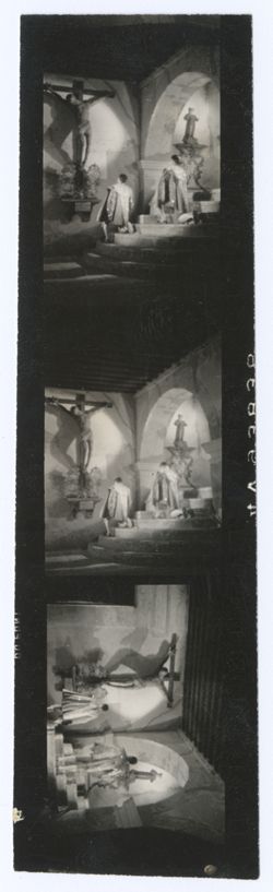Item 0080b. Liceaga and another bullfighter kneeling on stone steps of church or chapel in front of large crucifix on wall. See also Item 607 below. Three prints.
