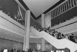 Crowd on staircase at IU South Bend Commencement, 1980
