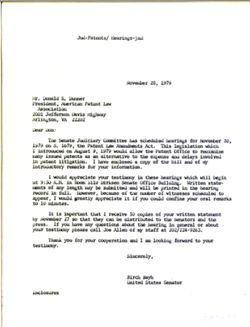 Letter from Birch Bayh to Donald R. Dunner of the American Patent Law Association, November 20, 1979