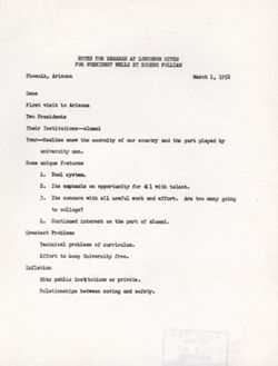 "Notes for Remarks Alumni Luncheon Given By Pulliam." -Phoenix, Arizona March 1, 1952