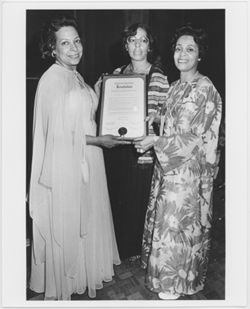 Margot Hicks, Mary Perry Smith and unidentified woman holding California Legislature resolution