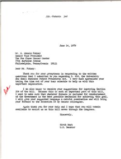 Letter from Birch Bayh to H. Donald Putney of the Fox Chase Cancer Center, June 14, 1979