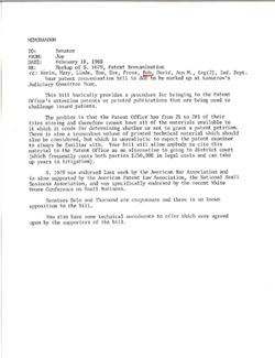 Memo from Joe to Senator re Markup of S. 1679, Patent Reexamination, February 18, 1980