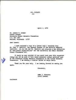 Letter from Nels Ackerson to Howard W. Bremer of the Society of University Patent Administrators, April 2, 1979