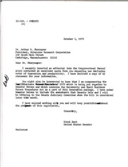 Letter from Birch Bayh to Arthur S. Obermayer of Moleculon Research Corporation, October 5, 1979