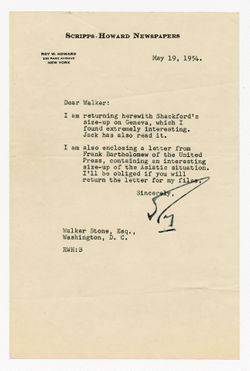 19 May 1954: To: Walker Stone. From: Roy W. Howard.