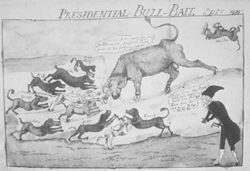 Jefferson as Matador encouraging his dogs (members of Congress) fighting a Bull (Spain)