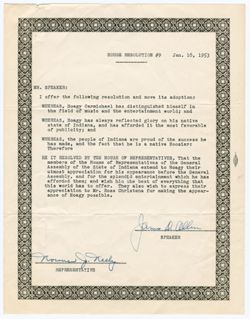 House Resolution #9 honoring Hoagy Carmichael, Jan. 16, 1953