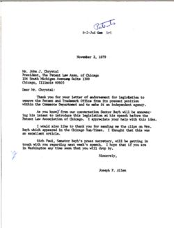 Letter from Joseph P. Allen to John J. Chrystal of the Patent Law Association of Chicago, November 2, 1979