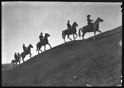 Silhouette of riders on horses, Ball place, Muncie (5x7 neg.)
