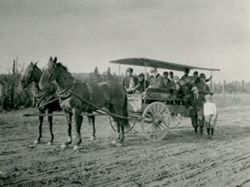 Carriage drawn by horses, with boys and men on it