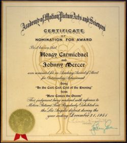Academy of Motion Picture Arts and Sciences. Nomination for Academy Award for HC and Johnny Mercer for "In the Cool, Cool, Cool, of the Evening."
