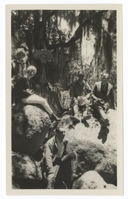 Item 0419. Seven people - second from left, partially hidden by woman, Eisenstein is standing. Saldivar. Other three men and two women unidentified.