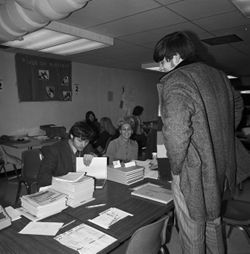 Student directory table at IU South Bend registration, 1970s