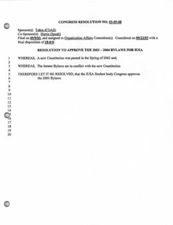 03-09-08 Resolution to Approve the 2003-2004 Bylaws for IUSA