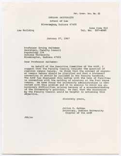 23: Letter from Julius Getman Concerning Regional Campus Tenure, 27 January 1967