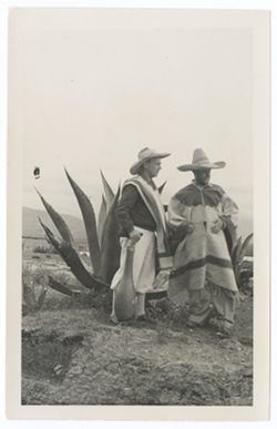 Item 0404.  Various shots of Eisenstein and man seen in Items 398 and 401 above clowning beside a maguey plant. They wear serapes and sombreros and in some shots have a large gourd. Standing, looking off right.