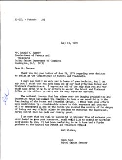 Letter from Birch Bayh to Donald W. Banner, Commission of Patents and Trademarks, July 13, 1979