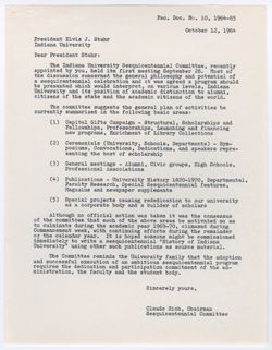 10: Letter to President Stahr from Mr. Claude Rich, Chairman of the University Sesquicentennial Committee, 12 October 1964