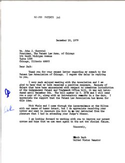 Letter from Birch Bayh to John J. Chrystal of the Patent Law Association of Chicago, December 10, 1979