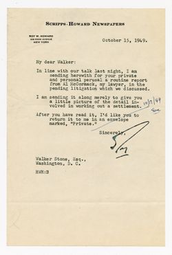 15 October 1949: To: Walker Stone. From: Roy W. Howard.