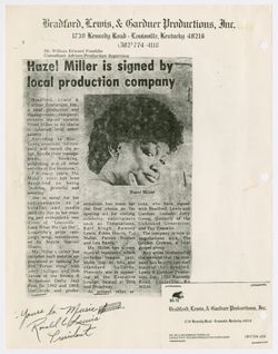 Hazel Miller Is Signed By Local Production Company, undated
