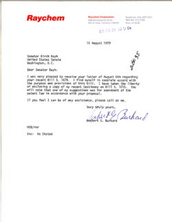 Letter from Herbert G. Burkard to Birch Bayh, August 15, 1979