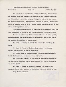 "Introduction of Lieutenant Governor Harold W. Handley Convocation." October 29, 1956