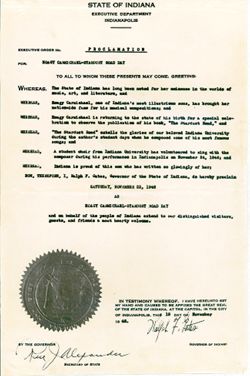 State of Indiana, Executive Department. Proclamation for Hoagy Carmichael-Stardust Road Day.