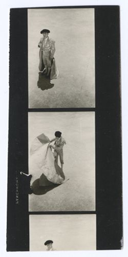 Item 0112a.  All long shots taken from above, showing Liceaga in the bull ring making passes with his cape. 2 ½ prints.