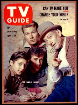 TV Guide cover of Hoagy Carmichael and other actors in the television series "Laramie."