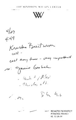[Message from Nora Coulter to Lee Hamilton re phone call from] Kristen Breitwiser, April 27, 2004, 4:49 PM