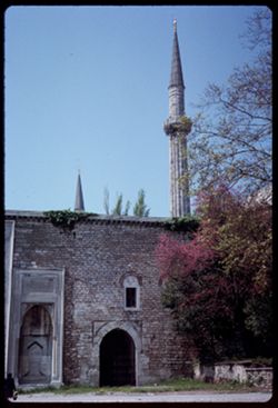 Minarets of St. Sophias beyond old wall Istanbul