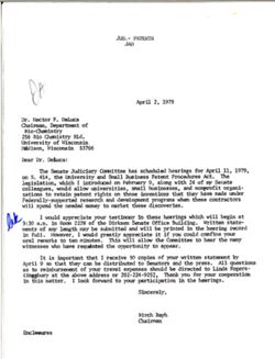 Letter from Birch Bayh to Hector DeLuca of the Biochemistry Department at the University of Wisconsin, April 2, 1979