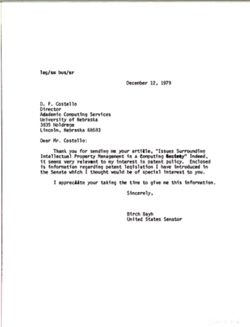 Letter from Birch Bayh to D. F. Costello of the University of Nebraska, December 12, 1979