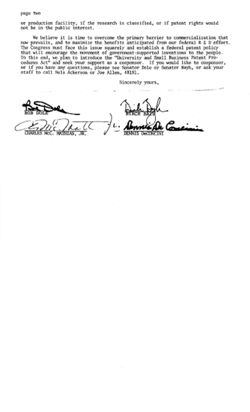 Dear Colleague letter from Bob Dole, Birch Bayh, Charles Mathias and Dennis DeConcini [re University and Small Business Patent Procedures Act], September 6, 1978