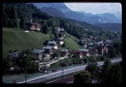 Berchtesgaden along east side of river, highway, and railroad.