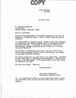 Letter from John Hasse to Hoagy Carmichael, April 26, 1979.