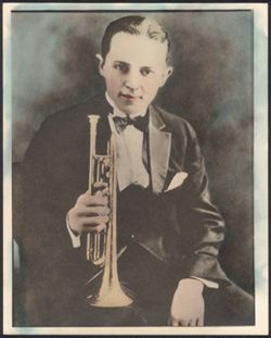 Colorized portrait of Leon "Bix" Beiderbecke with cornet.