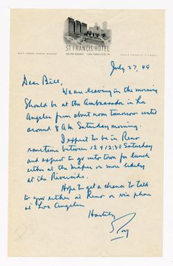 27 July 1949: To: William W. Hawkins. From: Roy W. Howard.