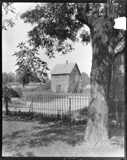 Log jail with decorative study of locust tree, from auditor's