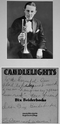 Portrait of Leon "Bix" Beiderbecke with cornet.