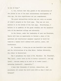 "Speech - Inauguration, Taylor University, Rediger, Dr. Milo P," November 10, 1965