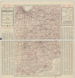 Official Indiana showing counties in different colors, townships, cities, villages, post offices, steam and electric railways with stations and distances between stations. Index with Population according to 1930 Federal Census
