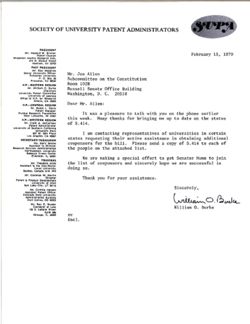 Letter from William O. Burke of the Society of Patent Administrators to Joe Allen, February 15, 1979