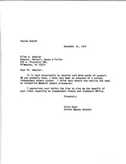 Letter from Birch Bayh to Allan B. Wheeler, December 12, 1979