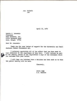 Letter from Birch Bayh to Harold K. Lonsdale of Bend Research Inc., April 11, 1979