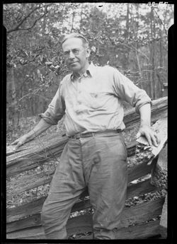 Homer Davisson, standing at rail fence, Roberts beech woods